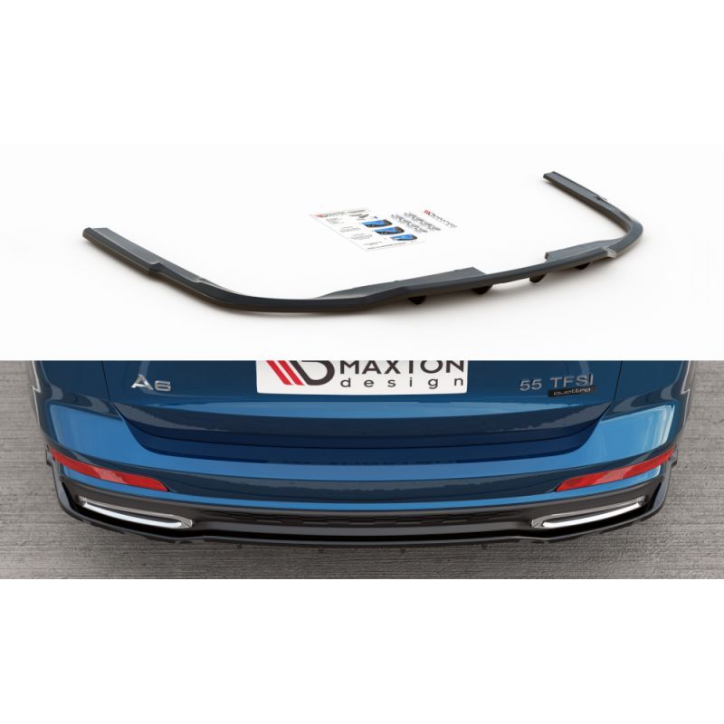 Maxton Central Rear Splitter (with vertical bars) Audi A6 S-Line Avant C8 Gloss Black, A6/S6/RS6 C8