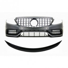 Front Bumper with Grille and Trunk Boot Spoiler Piano Black suitable for Mercedes C-Class C205 (2014-2018) C63 GT-R Design, Nouv