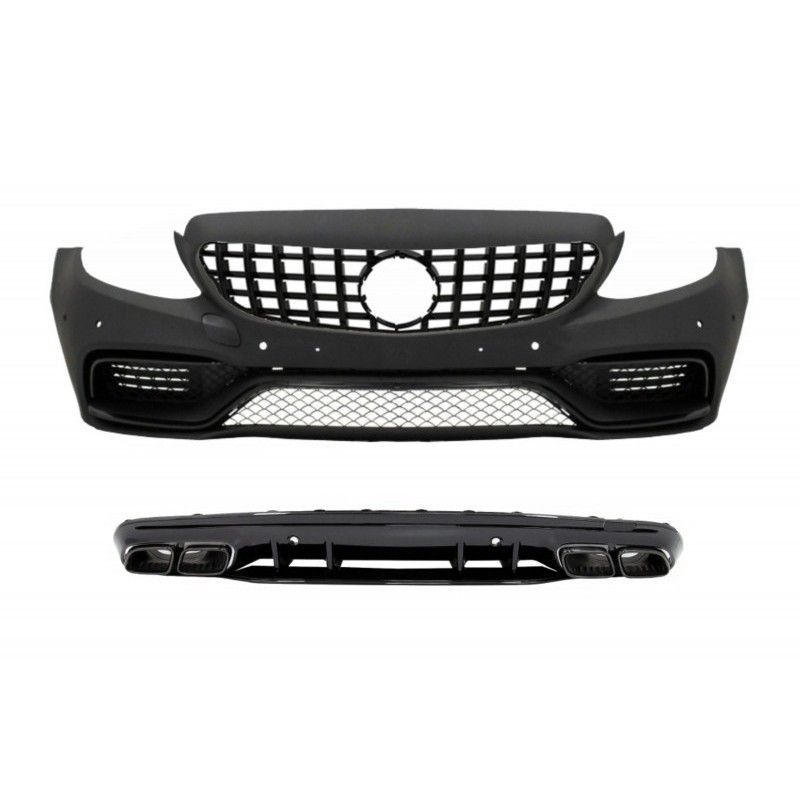 Complete Front Bumper with Diffuser and Black Tips suitable for MERCEDES C-Class W205 S205 (2014-2020) Only for AMG Sport Line, 