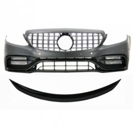 Front Bumper with Grille Chrome and Trunk Boot Spoiler Piano Black suitable for Mercedes C-Class C205 (2014-2018) C63 Design, No