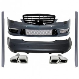 Body Kit LWB suitable for Mercedes S-Class W221 (2005-2011) with Central Grille Piano Black and Exhaust Muffler Tips Tail Pipes,