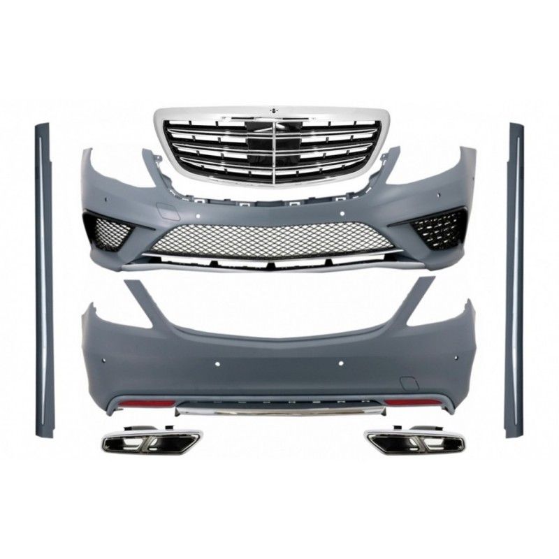 Body Kit with Exhaust Muffler Tips Chrome and Front Grille suitable for Mercedes S-Class W222 (2013-06.2017) S63 Design, Nouveau