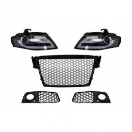 Badgeless Front Grille with Fog Lamp Covers and LED DRL Headlights suitable for AUDI A4 B8 8K (2008-2011) RS Design Piano Black,