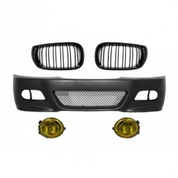 Front Bumper with Fog lights suitable for BMW E46 (98-04) M3 Look and Central Kidney Grilles Double Stripe M Design Piano Black,