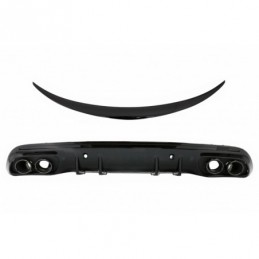 Rear Bumper Diffuser with Exhaust Muffler Tips suitable for Mercedes C-Class W205 (2014-2020) and Trunk Spoiler Piano Black, Nou