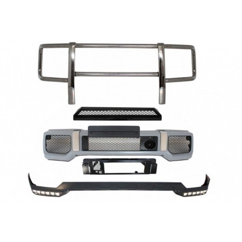 Front Bumper with Spoiler LED DRL Upper Spoiler Lip and BullBar suitable for MERCEDES G-Class W463 (1989-2017) G65 Design, Nouve