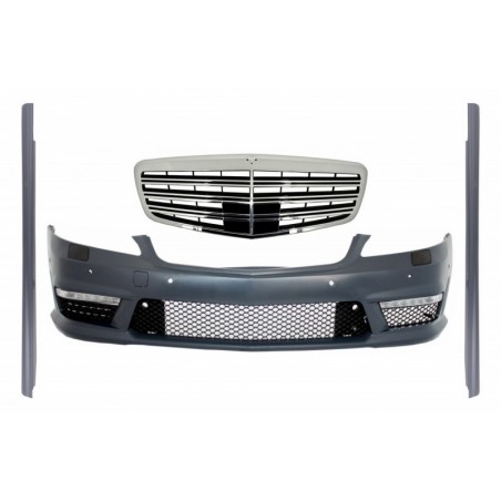 Complete Front Bumper Assembly with Central Grille suitable for Mercedes W221 S-Class (2005-2010) S63 S65 Design and Side Skirts
