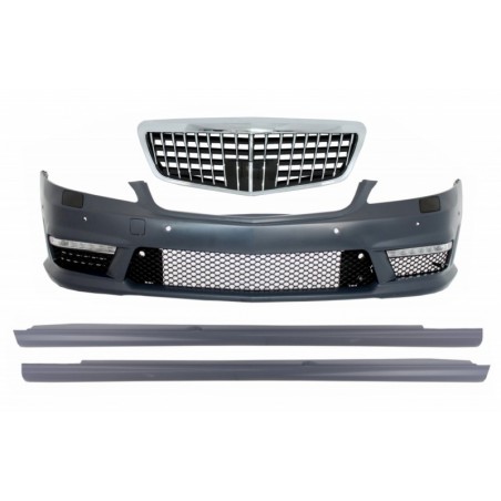 Front Bumper suitable for MERCEDES Benz W221 S-Class (2005-2012) with Single Frame Front Grille and Side Skirts S63 S65 Design, 