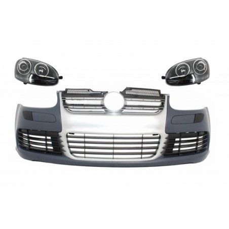 Front Bumper with Headlights suitable for VW Golf V 5 (2003-2007) Jetta (2005-2010) R32 Look Brushed Aluminium Look Grille, Nouv