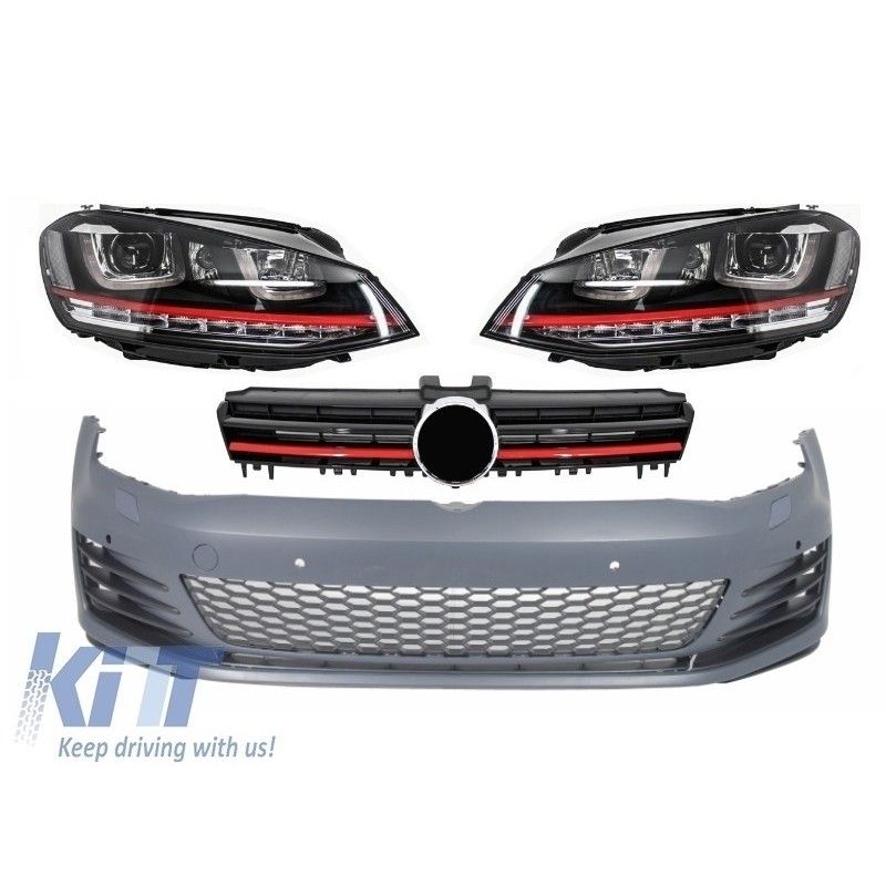 Front Bumper suitable for VW Golf VII Golf 7 2013-up GTI Look with Headlights 3D RED LED DRL Turn Light and Grille, Nouveaux pr