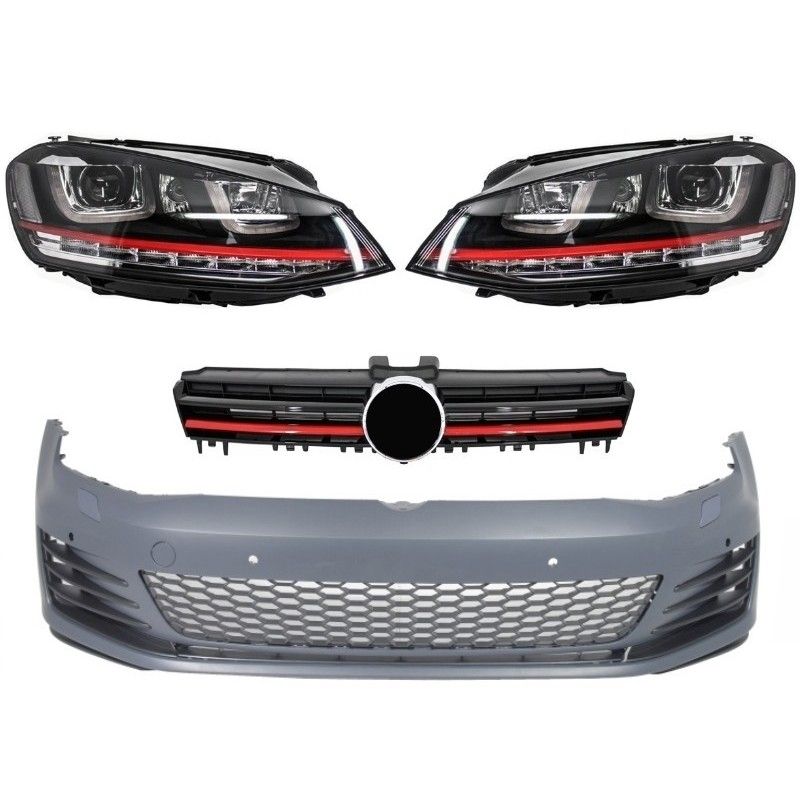 Front Bumper suitable for VW Golf VII Golf 7 2013-up GTI Look with Headlights 3D LED DLR RED and Grille, Nouveaux produits kitt