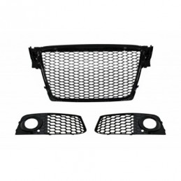 Badgeless Front Grille with Fog Lamp Covers Side Grilles suitable for AUDI A4 B8 8K (2007-2012) RS Design Piano Black, Nouveaux 