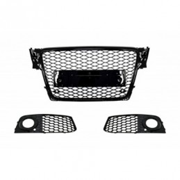 Badgeless Front Grille with Fog Lamp Covers Side Grilles suitable for AUDI A4 B8 (2008-2011) RS4 Design Piano Black, Nouveaux pr