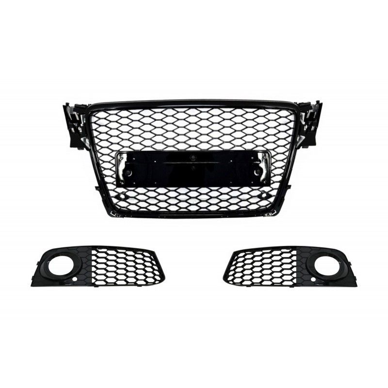 Badgeless Front Grille with Fog Lamp Covers Side Grilles suitable for AUDI A4 B8 (2008-2011) RS4 Design Piano Black, Nouveaux pr