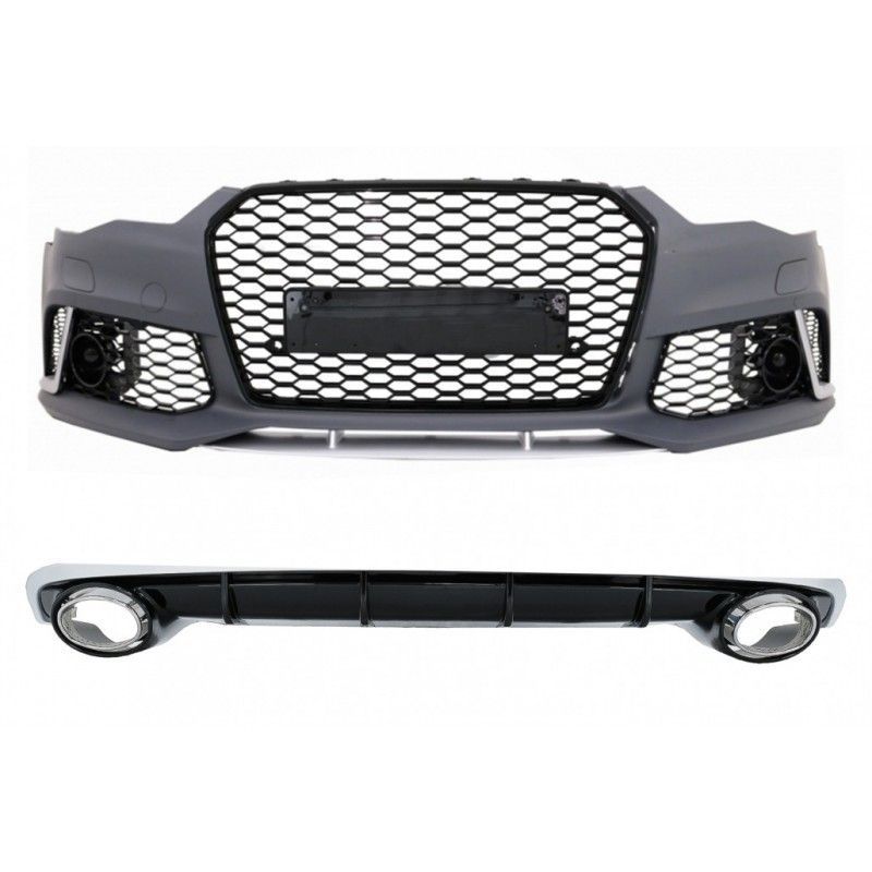 Front Bumper With Grille suitable for Audi A6 4G Facelift (2015-2018) and Rear Bumper Valance Diffuser & Exhaust Tips RS6 Design