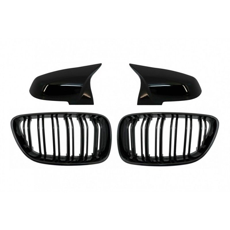 Central Kidney Grilles Double Stripe with Mirror Covers suitable for BMW 2 Series F22 F23 (2014-up) M Design Piano Black, Nouvea