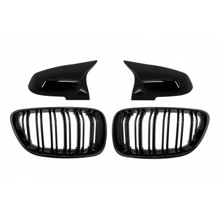 Central Kidney Grilles Double Stripe with Mirror Covers suitable for BMW 2 Series F22 F23 (2014-up) M Design Piano Black, Nouvea