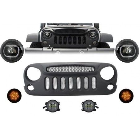 Front Assembly Grille and LED Lights suitable for JEEP Wrangler Rubicon JK (2007-2017) Angry Bird Design Specter Mask, Nouveaux 
