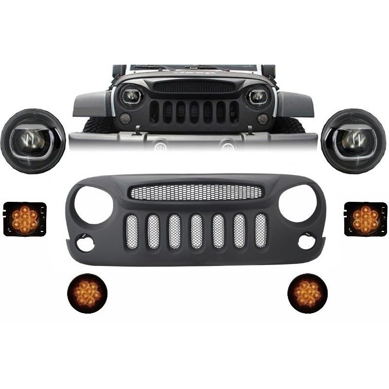 Front Assembly Grille and LED Lights suitable for JEEP Wrangler Rubicon JK (2007-2017) Angry Bird Design Specter Mask, Nouveaux 