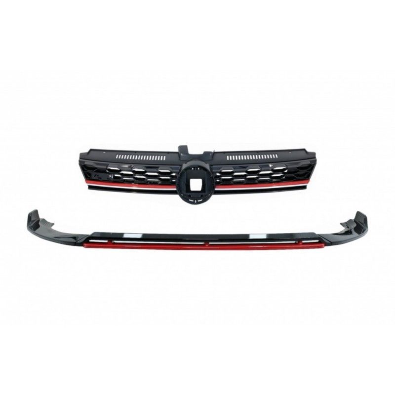 Front Bumper Lip Extension Spoiler with Central Badgeless Grille suitable for VW Golf 7.5 Facelift (2017-2020) Piano Black & Red