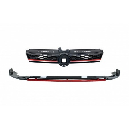 Front Bumper Lip Extension Spoiler with Central Badgeless Grille suitable for VW Golf 7.5 Facelift (2017-2020) Piano Black & Red