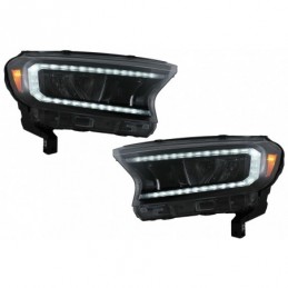 Headlights LED Light Bar suitable for Ford Ranger (2015-2020) LHD Full Black Housing with Sequential Dynamic Turning Lights, Nou