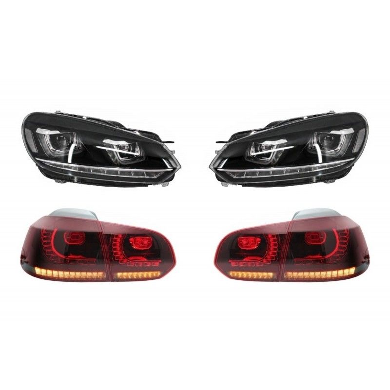 RHD Headlights Chrome with Taillights Full LED suitable for VW Golf 6 VI (2008-2013) LED Flowing Turning Light R20 U-Design, Nou