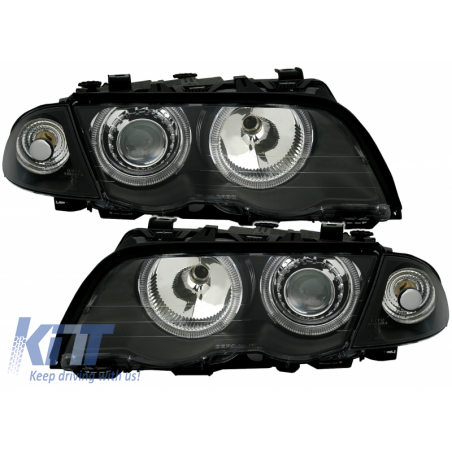 Headlights Angel Eyes suitable for BMW 3 Series E46 Limousine Touring (05.1998-08.2001) Black, Nouveaux produits kitt