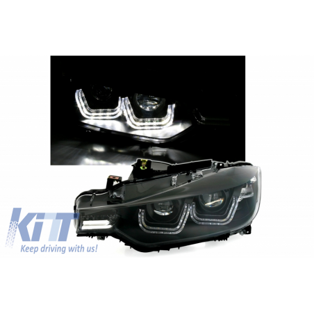 LED Headlights suitable for BMW 3 Series F30 F31 (10.2011- 06.2015) Double U 3D Xenon Look Black, Nouveaux produits kitt