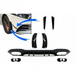 Rear Diffuser with Front Side Vents and Flaps Side Fins suitable for Mercedes A-Class V177 Sedan (2018-up) Chrome Exhaust, Nouve