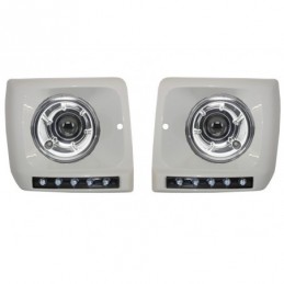 Headlights Bi-Xenon Look Chrome suitable for Mercedes G-Class W463 (1989-2012) witth Covers White with LED DRL G65 Design, Nouve