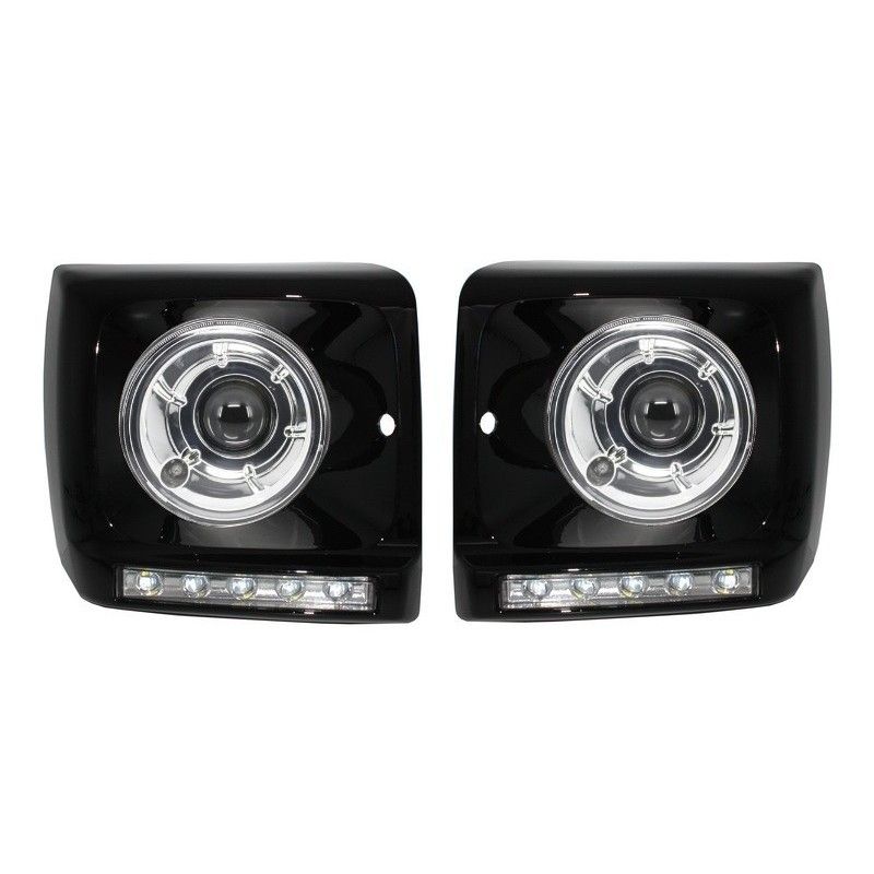 Black Headlights Covers LED DRL Chrome suitable for Mercedes G-Class W463 (1989-2012) G65 Design with Headlights Bi-Xenon Look, 