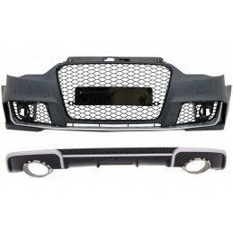 Front Bumper suitable for Audi A3 8V (2012-2015) with Rear Bumper Air Diffuser and Exhaust Tips Hatchback Sportback RS3 Design, 