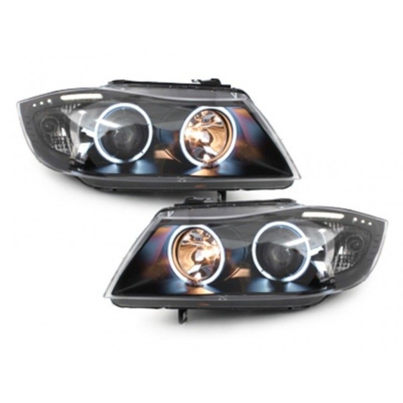 Headlights suitable for BMW 3 Series E90 E91 (03.2005-08.2008) Angel Eyes CCFL Black, Nouveaux produits kitt