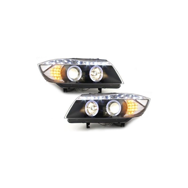 DAYLINE Headlights suitable for BMW E90 E91 05+ 2 Halo Rims Drl Optic LED Black, Nouveaux produits kitt