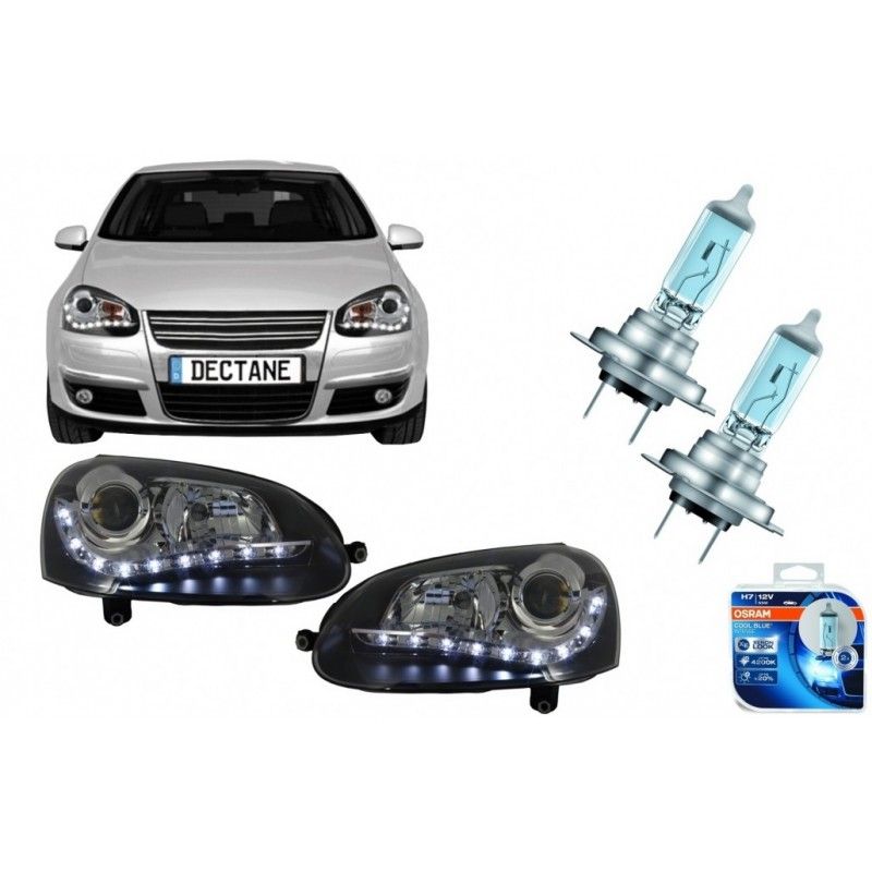 Headlights LED DRL with OSRAM COOL BLUE INTENSE H7 Halogen Headlamp suitable for VW Golf V 5 Jetta 5 (2003-2009) Black Design, N