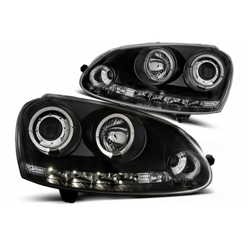 LED Angel Eyes Headlights suitable for VW Golf V 5 (2004-2009) Jetta (2005-2010) Black, Nouveaux produits kitt