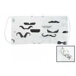 Package of 5 white with mustaches Reusable Masks with Folds 100% Cotton 2 Layers Unisex Washable 5 Filters PPS 330 Microns, Nouv