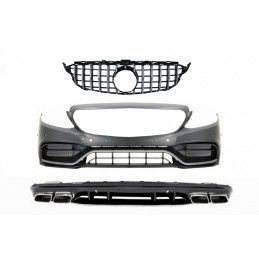 Front Bumper with Diffuser and Silver Tips suitable for Mercedes C-Class W205 S205 AMG Sport Line (2014-2020) C63S Design, Nouve