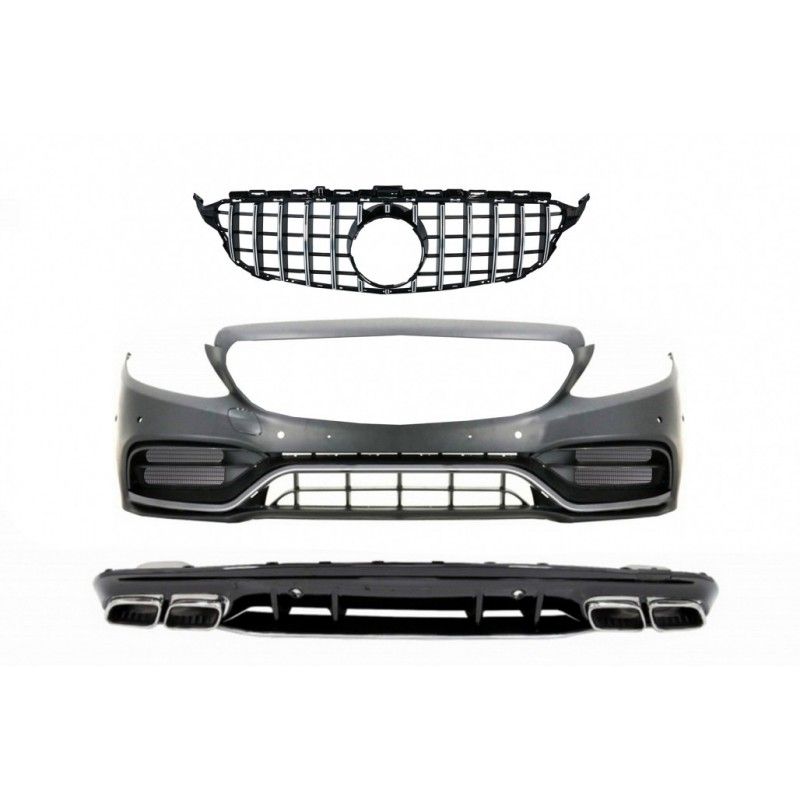 Front Bumper with Diffuser and Silver Tips suitable for Mercedes C-Class W205 S205 AMG Sport Line (2014-2020) C63S Design, Nouve