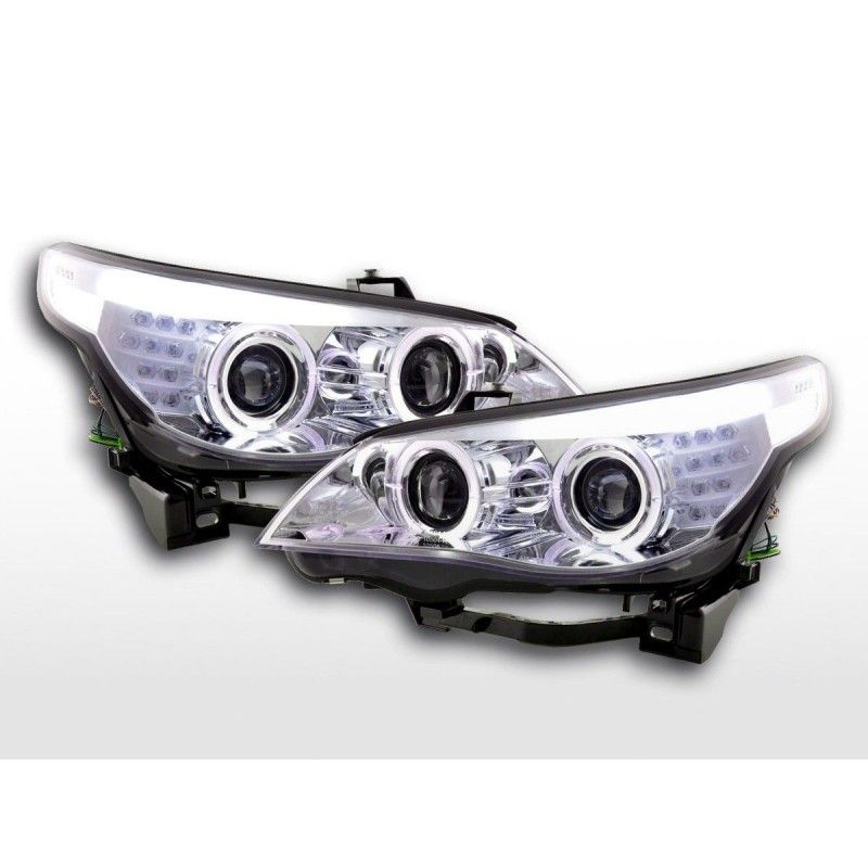 Phares avant xenon angel eyes LED BMW Série 5 E60 / E61 03-04 chrome pour conduite à droite, Serie 5 E60/61