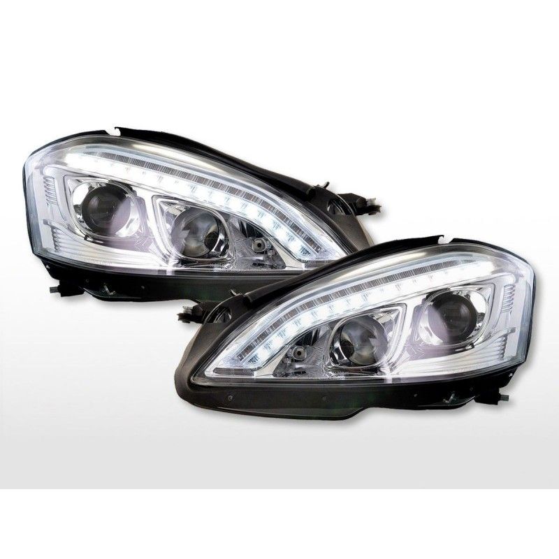 Phares Xenon Daylight LED DRL look Mercedes-Benz Classe S (221) 05-09 chrome, Eclairage Mercedes
