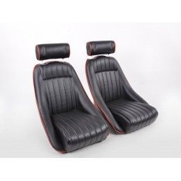 FK Oldtimersitze Sièges baquets complets pour voiture Set Classic 2 cuir synthétique noir avec repose-tête, Sièges