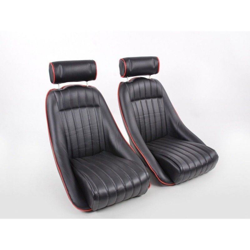 FK Oldtimersitze Sièges baquets complets pour voiture Set Classic 2 cuir synthétique noir avec repose-tête, Sièges