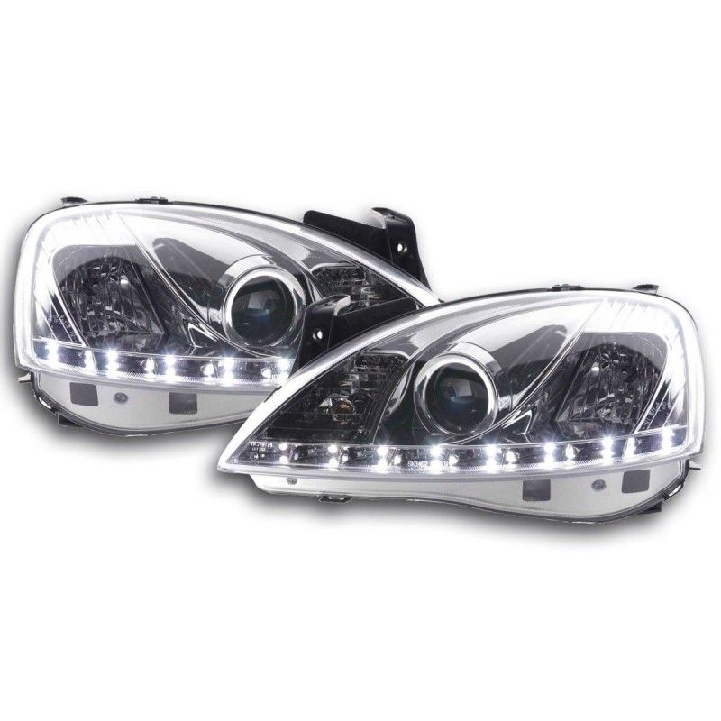 Phare Daylight LED DRL look Opel Corsa C 01-06 chrome, Eclairage Opel