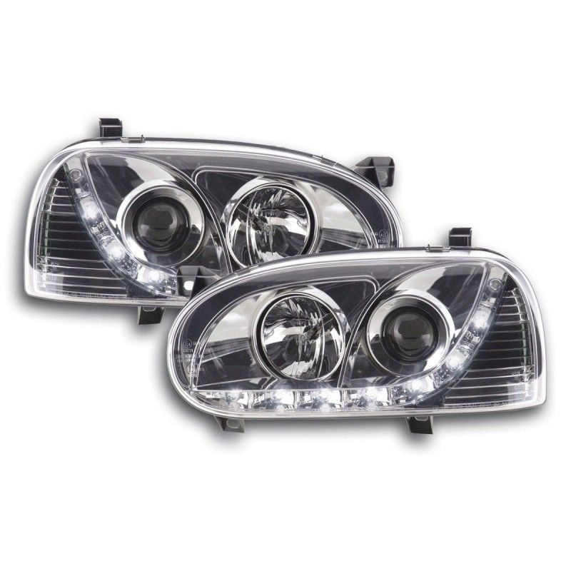 Phare Daylight LED DRL look VW Golf 3 type 1HXO 1EXO 91-97 chrome, Eclairage Volkswagen