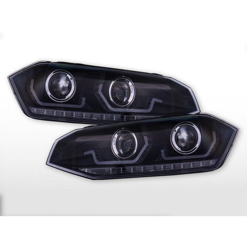 Jeu de phares feux diurnes LED VW Polo VI type AW année 17-21 noir pour véhicules avec direction à droite, Eclairage Volkswagen