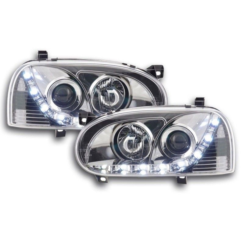 Phare Daylight LED DRL look VW Golf 3 type 1HXO 1EXO 91-97 chrome, Eclairage Volkswagen