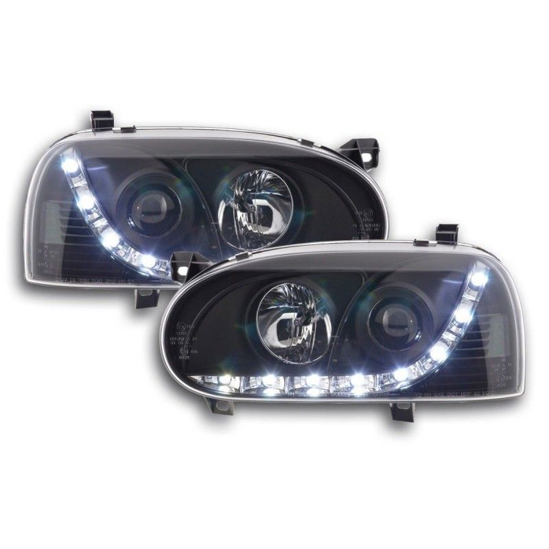 Phare Daylight LED DRL look VW Golf 3 type 1HXO 1EXO 91-97 noir, Eclairage Volkswagen