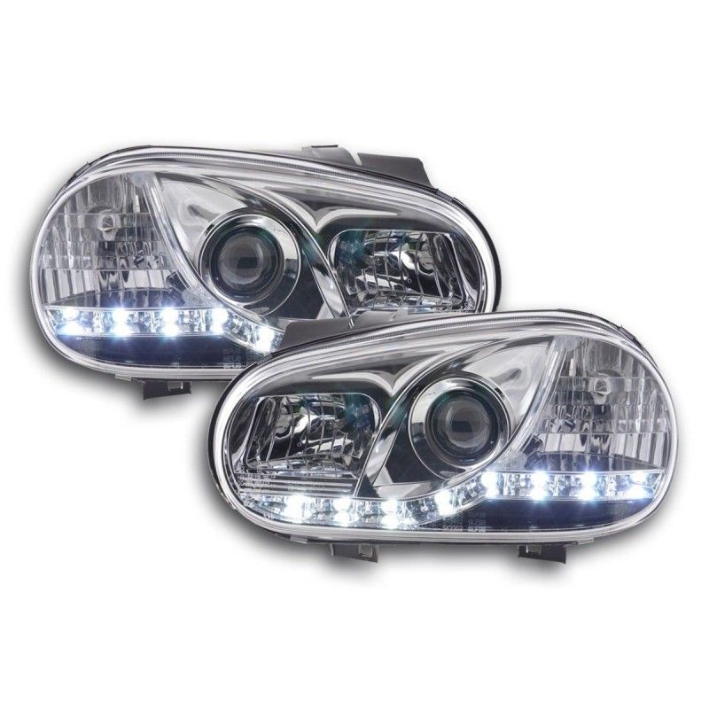 Phare Daylight LED look DRL VW Golf 4 type 1J 98-03 chromé pour conduite à droite, Eclairage Volkswagen